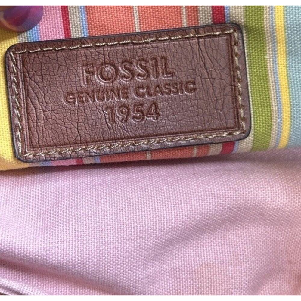 Fossil Woven Handbag Satchel Brown w Leather Trim Wooden Handle Boho Key Charm - Picture 7 of 7